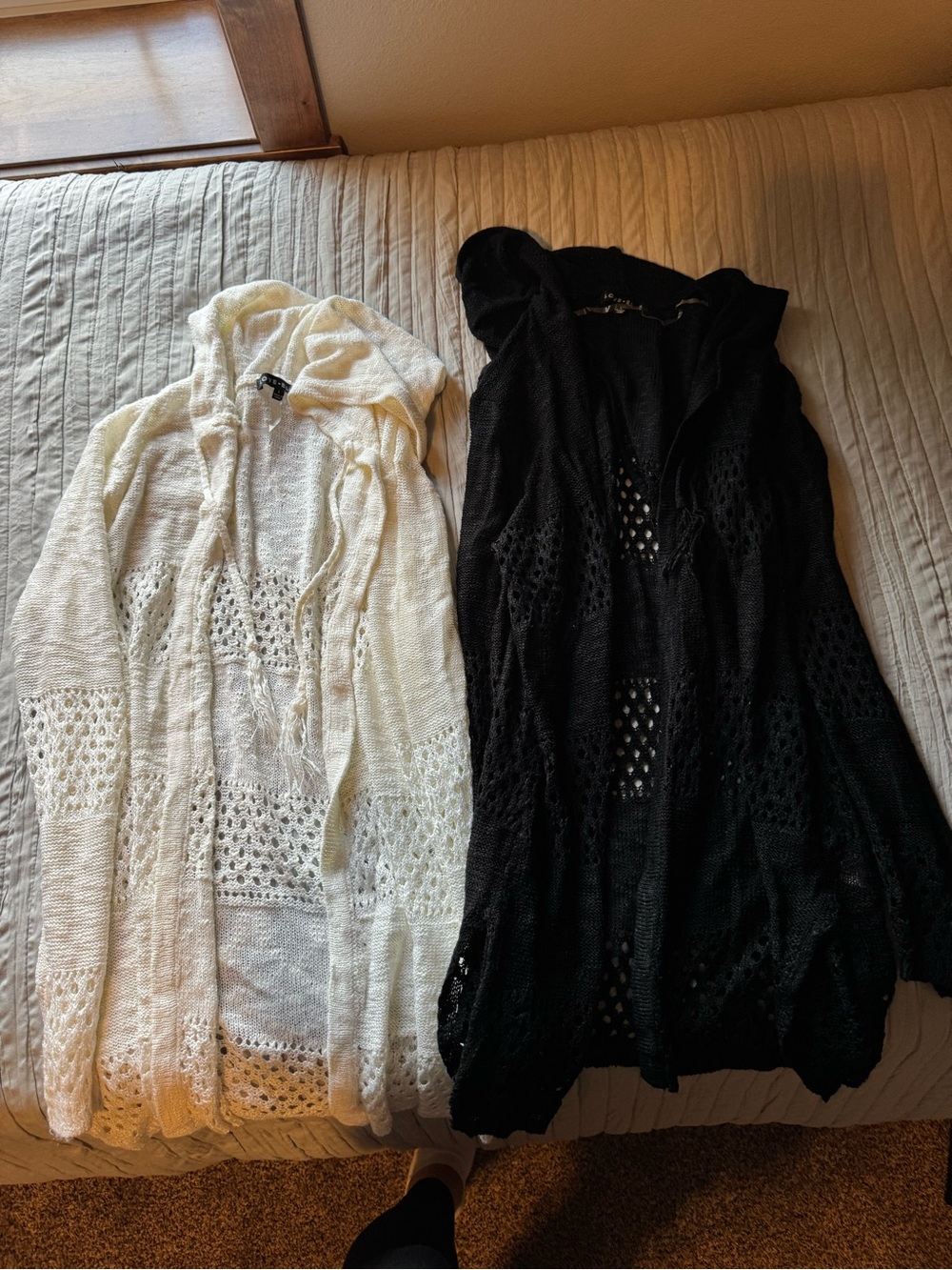 Hooded Open Knit Cardigan - Black and Cream